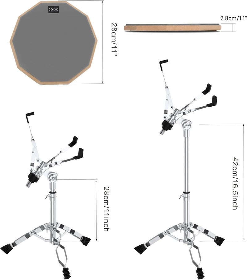 Dokomo Drum Practice Pad with Snare Drum Stand Set, 12-Inch Double Sided Silent Practice Pad Kit with Drum Sticks, Drumstick Holder, Luminous Carrying Bag, Gray (Fits 8''-15'' Drums) - Image 4